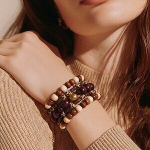 Set of 5 Wood, Acrylic and Brass Beaded Bracelets - New